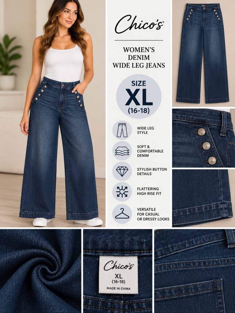 Chicos Women's size XL denim wide leg jeans #37